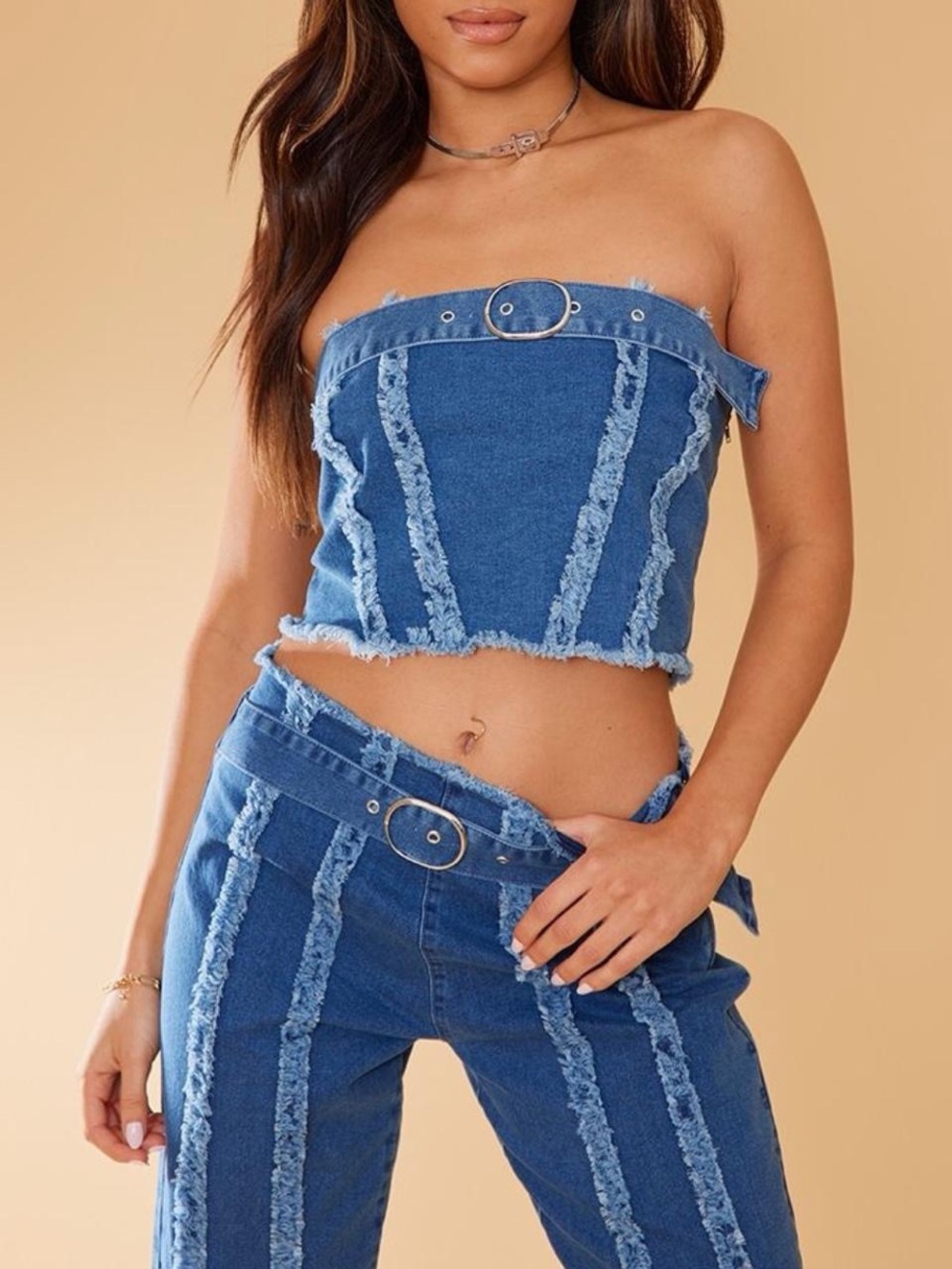 Blue Distressed Denim Strapless Crop Top And Matching Bottoms